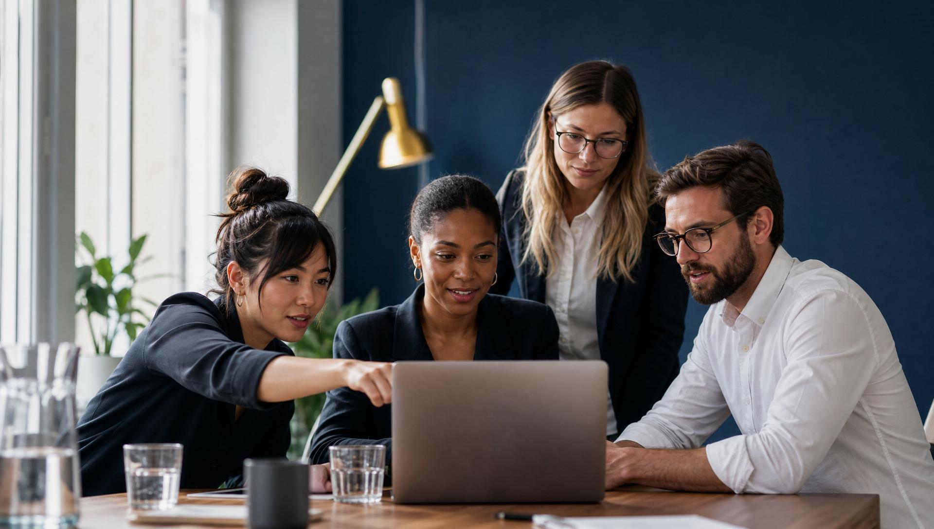 Équipe de collaborateurs en cabinet d'expertise comptable travaillant ensemble